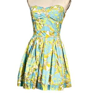 JESSICA SIMPSON STRAPLESSS DRESS SZ L AQUA FLORAL PRT BRA TOP W/PLEATED SKIRT
